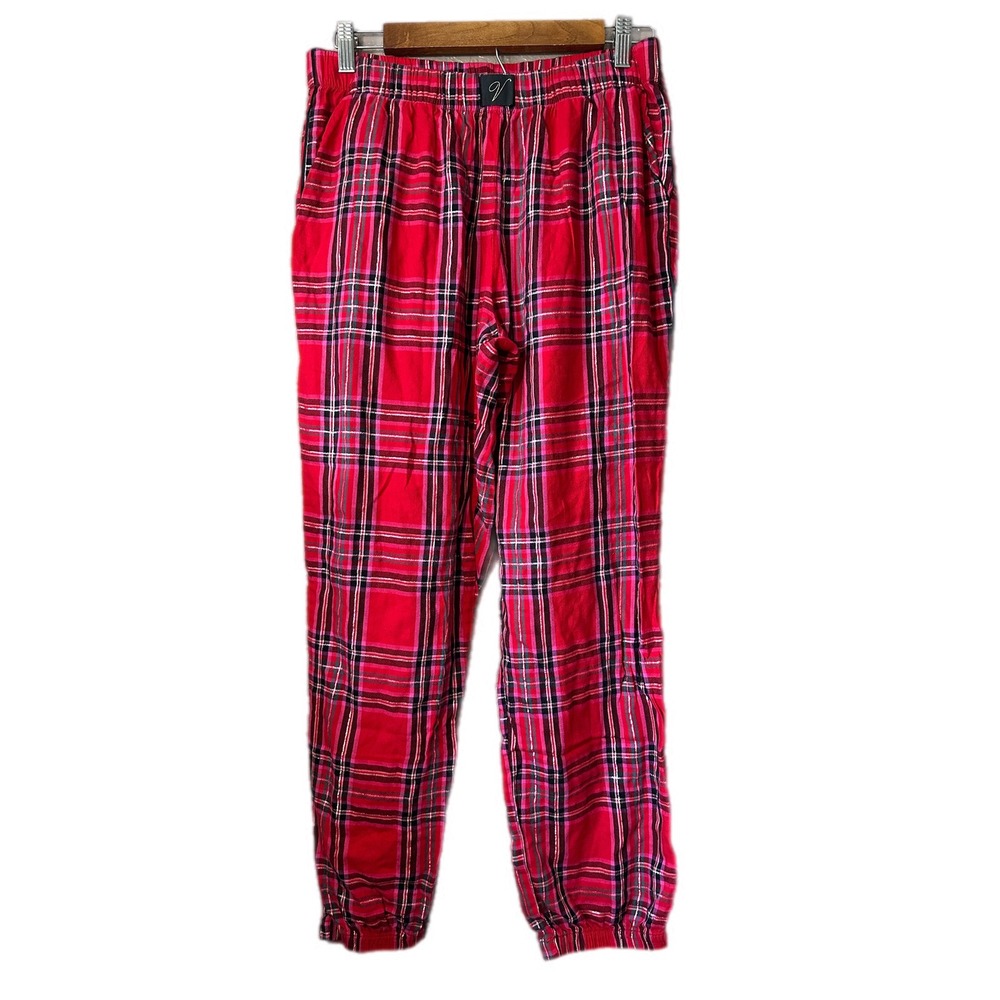 Victoria's Secret Pajama Joggers Women Medium Red Plaid Excellent Metallic Lurex